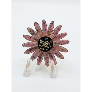 Vintage Pink Enamel Daisy Brooch Gold Tone Floral Mid Century